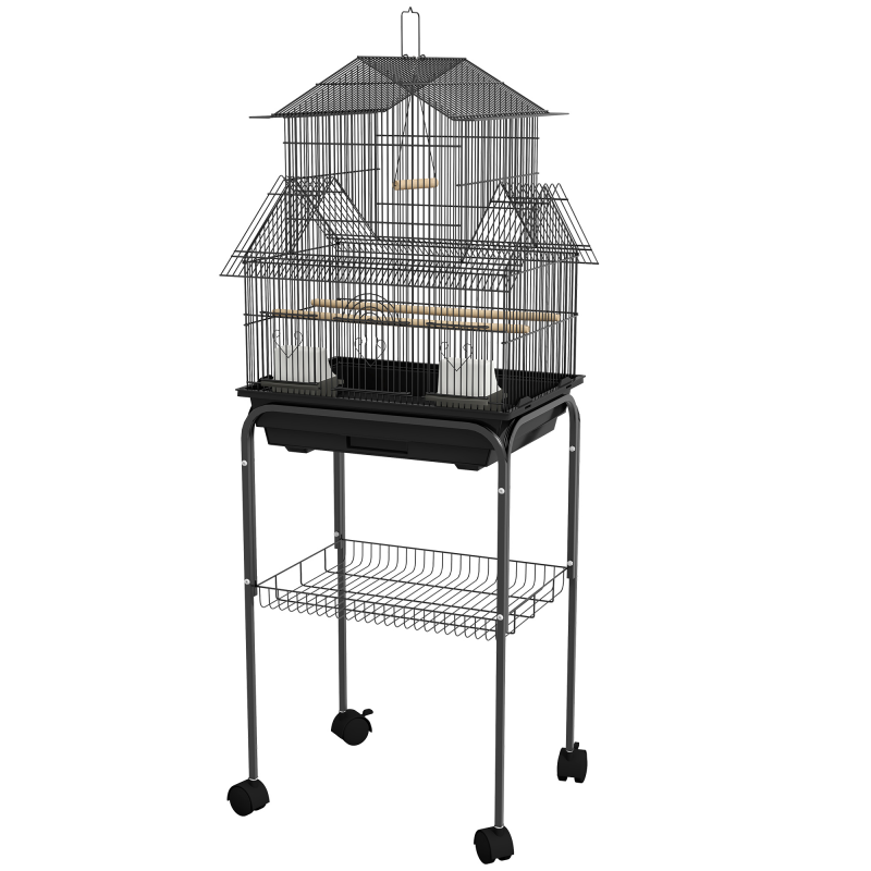 PawHut Vogelkäfig Design-Haus Futternäpfe Sitzstangen 3 Türen Kotboden abnehmbar + Griff zum Transport 50,5 x 41 x 121 cm schwarz Aosom – Bild 1 von 2