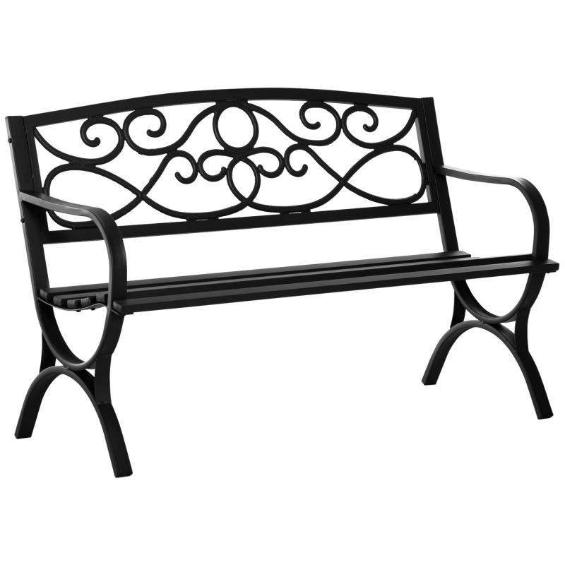 Outsunny Gartenbank 2-Sitzer Gartenbank im Freien Terrasse Patio mit geneigter Rückenlehne Latten- Sitzfläche bequeme Armlehnen Stahl Gusseisen 128 x 58,5 x 85 cm schwarz Aosom – Bild 1 von 2