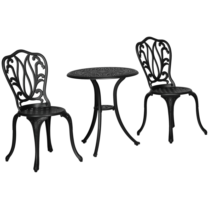 Outsunny Gartenmöbelset 2 Sitzplätze 2 Stühle + Runde Tisch im charmanten Retro-Stil aus Aluminiumguss, schwarz Aosom – Bild 1 von 2