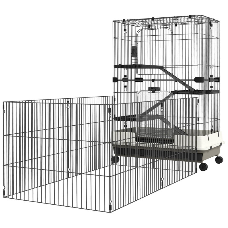 PawHut Kleintierkäfig auf Rollen 3 abnehmbare Plattformen 3 Rampen, abnehmbares unteres Tablett Metall PP 182 x 81 x 114 cm Schwarz Aosom – Bild 1 von 2