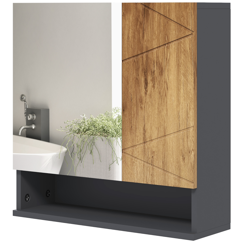 kleankin Wandmontierter Badezimmerspiegelschrank mit Stauraum 2 Türen und verstellbaren Regalen, zeitgenössisches Design 55 x 17 x 55 cm in Natur und Dunkelgrau Aosom – Bild 1 von 2