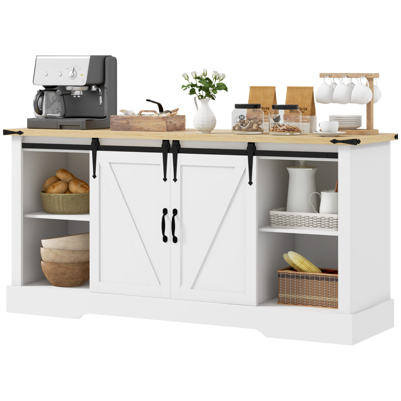 HOMCOM Buffet, Aufbewahrungsmöbel, mit 2 Schiebetüren, verstellbaren Regalen, für Wohnzimmer, Esszimmer, Flur, 150L x 40T x 72H cm, aus Holz, Weiß Eiche Aosom – Bild 1 von 2