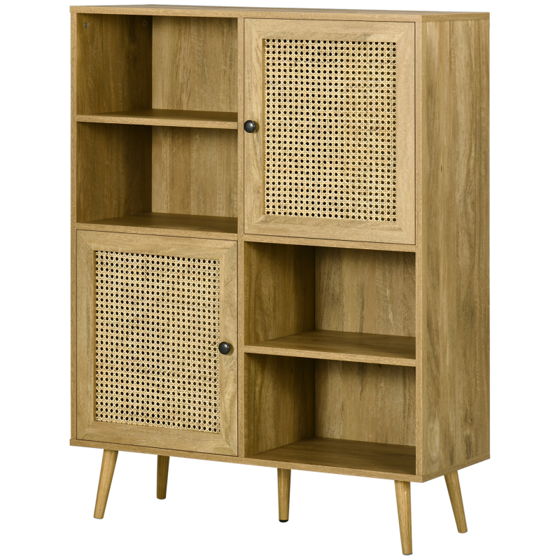 HOMCOM Buffet Aufbewahrungsschrank hoher Stand aus Holz und Rattan mit 2 Türen 4 Fächern - Maße 90L x 32,5B x 120H cm Aosom – Bild 1 von 2