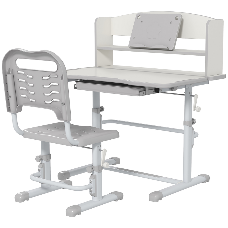 ZONEKIZ Kinder-Schreibtisch mit Stuhl aus Stahl - Kinder-Schreibtisch- und Stuhlset mit Höhenverstellung - Regal, ausziehbare Ablage mit vielfältiger Aufbewahrung, neigbarer Schreibtisch 45° - Grau-Weiß Aosom – Bild 1 von 2