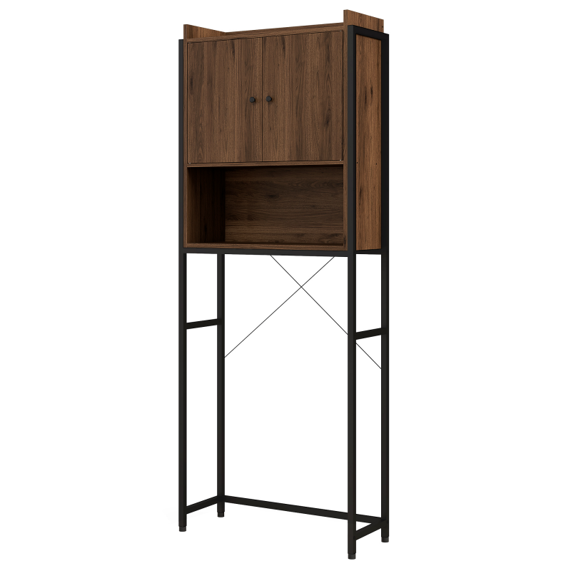 Kleankin Badezimmerschrank Überregal Badregal 2 Türen und Nische - 68 x 25,5 x 172,5 cm Braun Schwarz Aosom – Bild 1 von 2