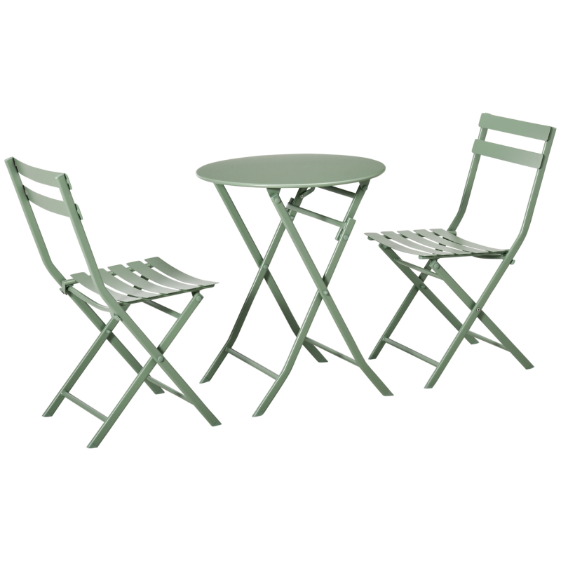 Outsunny Gartenmöbel-Set für 2 Personen - klappbarer Bistro-Gartentisch und Stühle - Bistro-Gartenmöbel-Set - runder Tisch Ø 60 cm mit 2 klappbaren Stühlen - pulverbeschichtetes Metall in Grün Aosom – Bild 1 von 2