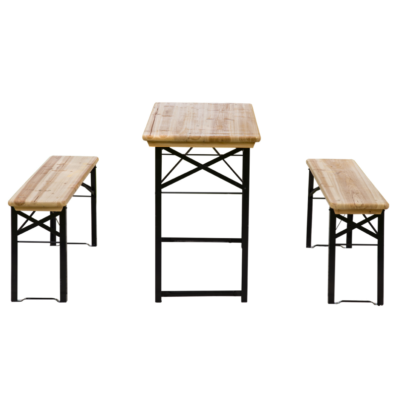 Outsunny Faltbarer Campingtisch mit Picknicktisch + 2 klappbare Bänke aus epoxidbeschichtetem Metall Schwarz Massivholz Fichte Aosom – Bild 1 von 2
