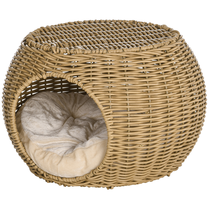 PawHut Katzenhaus Katzenbett Katzenkorb Katzenhöhle aus geflochtener Kunstharz-Rattanimitat weiches Kissen Ø 40 x 30 cm Hellbraun Aosom – Bild 1 von 2