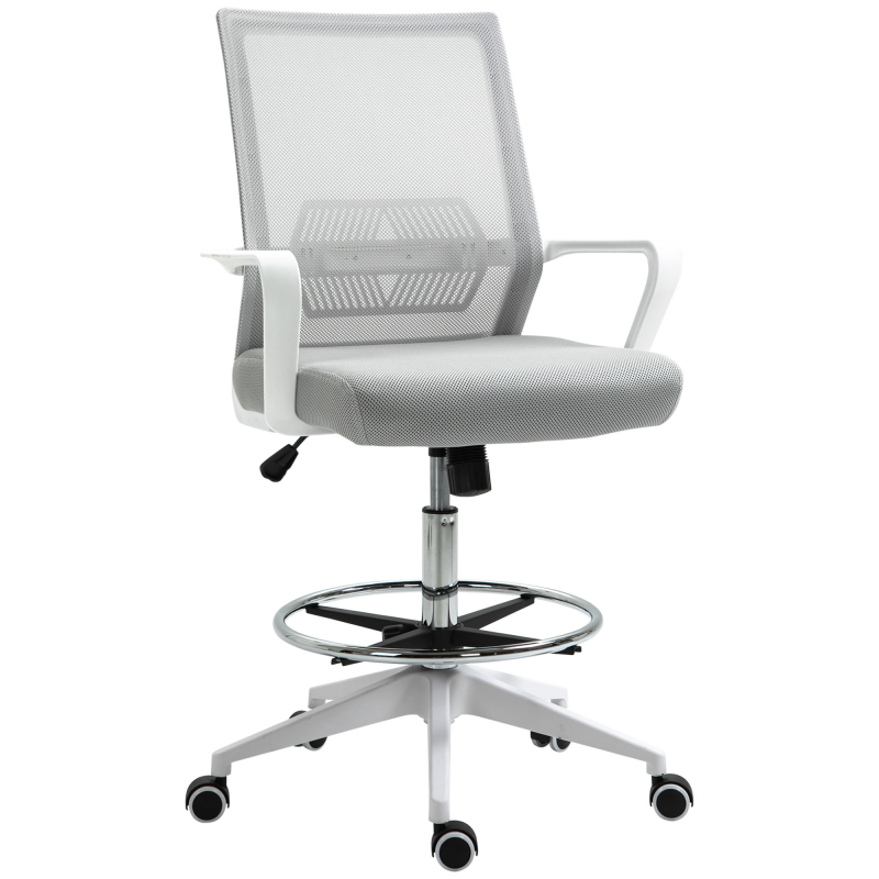Vinsetto Bürostuhl Höhenverstellbarer Bürostuhl 64L x 59B x 104-124H cm drehbarer Bürohocker 360° atmungsaktives Netzgewebe Grau und Weiß Aosom – Bild 1 von 2