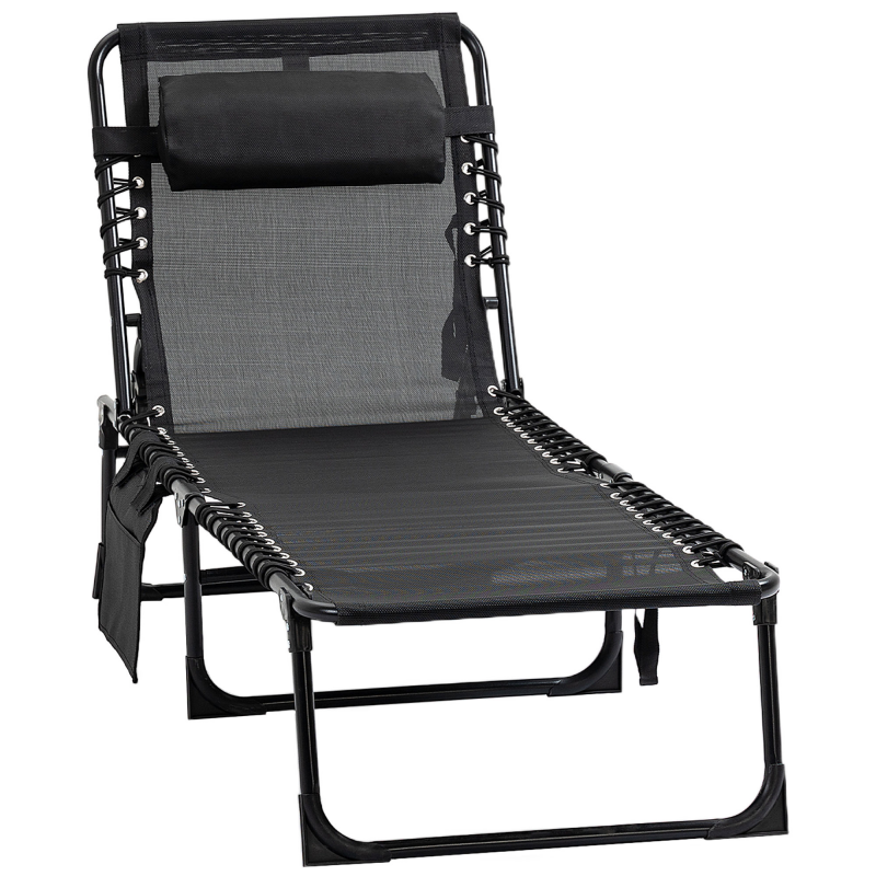 Outsunny Chaise longue klappbar Sonnenliege Liegestuhl mit verstellbarer Rückenlehne 5 Positionen abnehmbare Kopfstütze seitliche Tasche Textielenbezug Stahlrahmen 185 x 58 x 30 cm Schwarz Aosom – Bild 1 von 2
