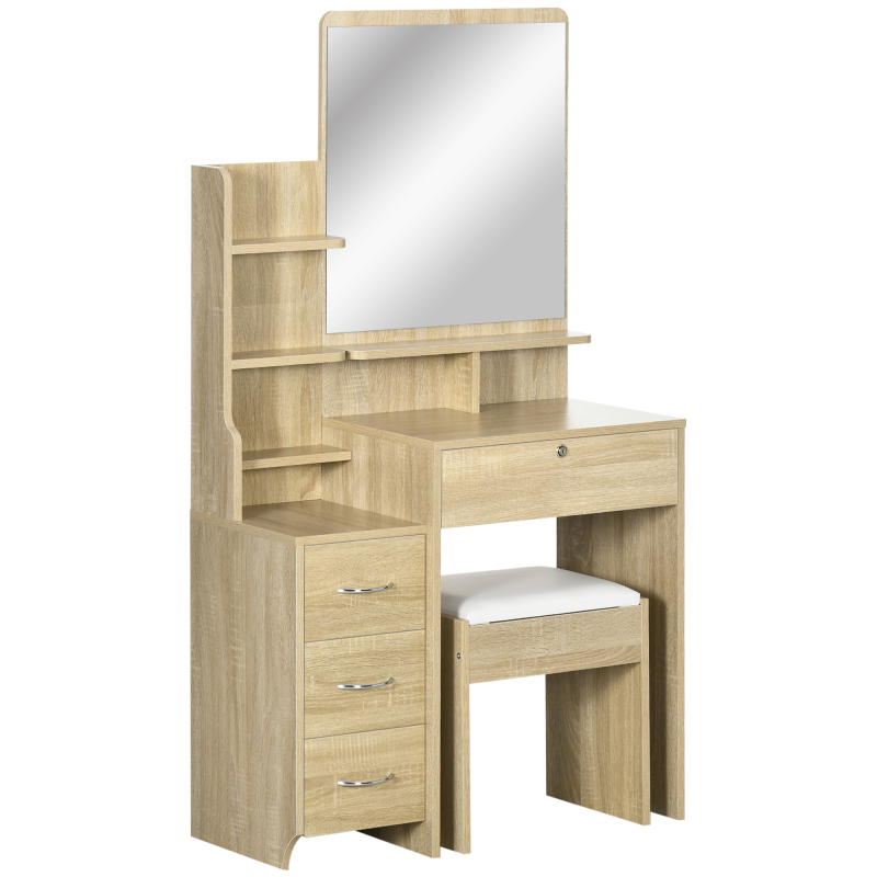 HOMCOM Schminktisch-Set mit Make-up-Tisch, gepolstertem Hocker, großem Spiegel, mehreren offenen Regalen + 4 Schubladen in Naturholz Aosom – Bild 1 von 2