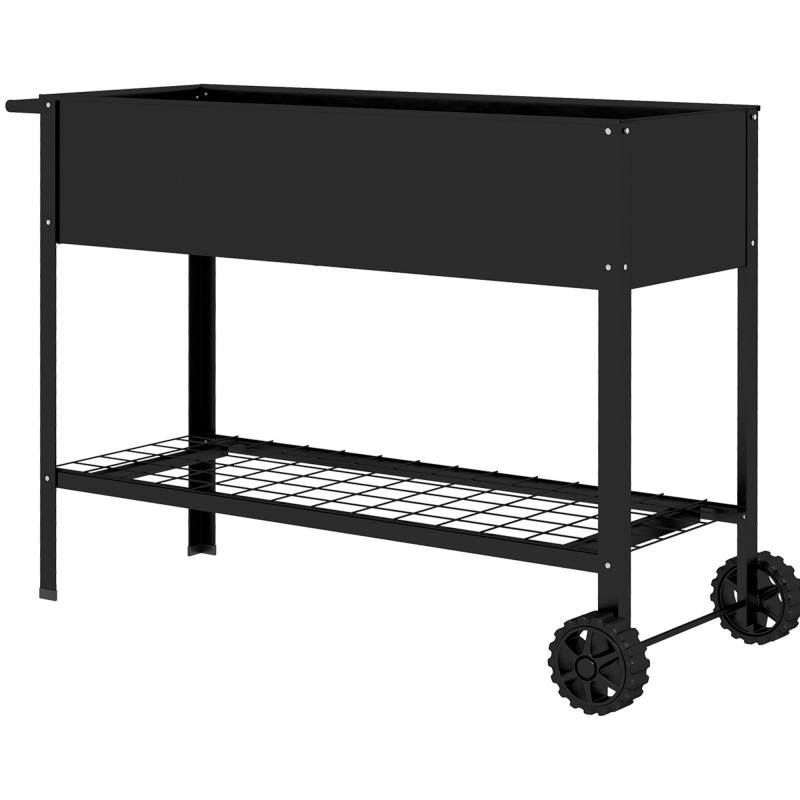 Outsunny Metall-Pflanzschale mit Ständer und Regal 104L x 39B x 80H cm 2 Räder + Bewässerungseinsatz Schwarz Aosom – Bild 1 von 2