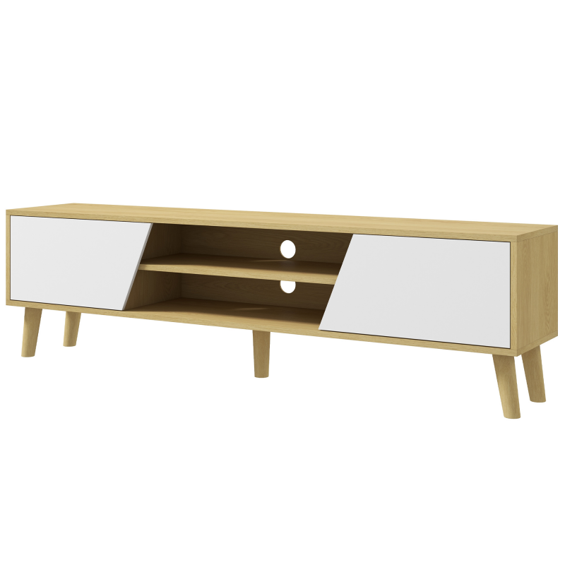 HOMCOM TV-Ständer TV-Bank für Fernseher bis zu 65 Zoll in skandinavischem Design mit 2 Türen 2 Fächern mit Kabeldurchführung - Holzoptik und Weiß 150 x 30 x 42 cm Aosom – Bild 1 von 2