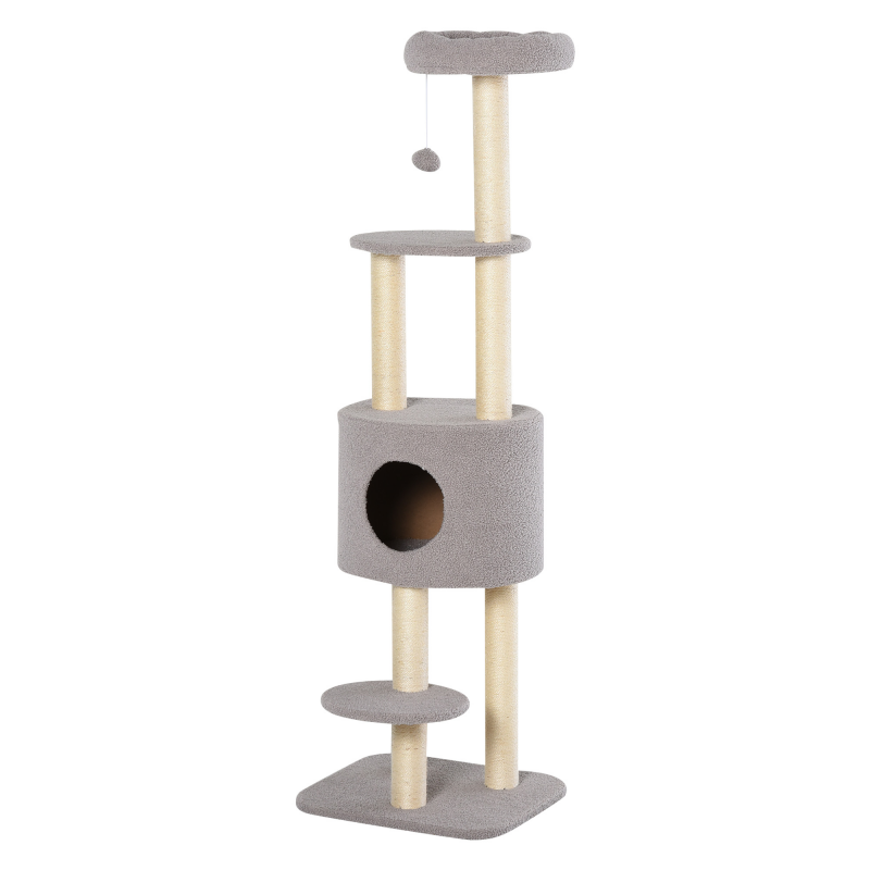 PawHut Kratzbaum mit Kratzbrett Höhle Sisal Hochwertiger Kurzplüsch 45L x 40B x 148H cm Grau Aosom – Bild 1 von 2