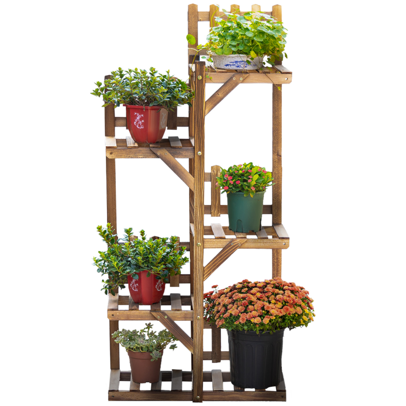 Outsunny Blumenleiter aus Holz mit Pflanzenstützen Pflanzenständer aus Holz 5 Regale Verziert mit kleinen Zäunen 60 x 30 x 130 cm Kiefernholz karbonisiert für Innen Garten Terrasse Balkon Aosom – Bild 1 von 2