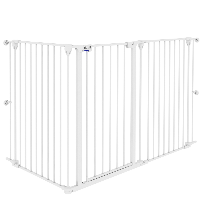PawHut Hundesicherheitsbarriere aus Stahl mit 3 klappbaren Paneelen, doppeltem Verriegelungssystem und integrierter Tür für Tür und Treppe - 206 x 90 cm weiß Aosom – Bild 1 von 2