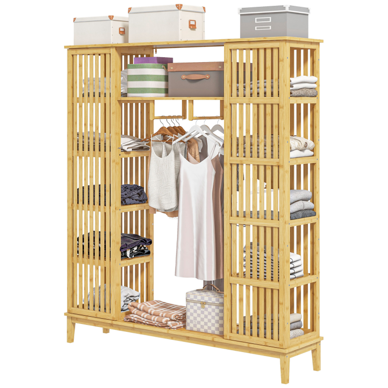 HOMCOM Bambus Kleiderschrank mit 2 Schiebetüren, offenen Regalen und Stange für Schlafzimmer, 145 x 35 x 165cm, Naturholz-Finish Aosom – Bild 1 von 2