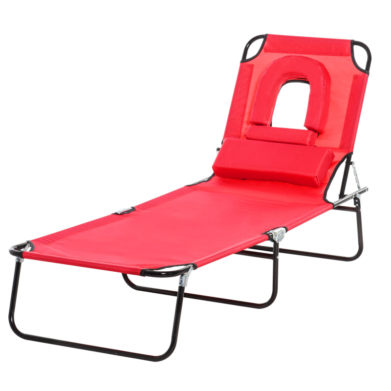 Outsunny Sonnenliege klappbarer Strandliege 4-fach verstellbare Gartenliege mit Leseloch 3 Kissen Rot Aosom – Bild 1 von 2