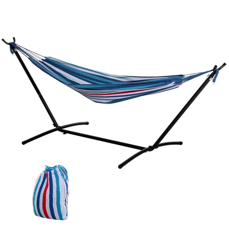 Outsunny Hängematte mit Epoxid-Metallgestell, freistehende Hängematte 1 Platz, Maximale Belastung 120 kg, Tragetasche Blau Weiß Aosom – Bild 1 von 2