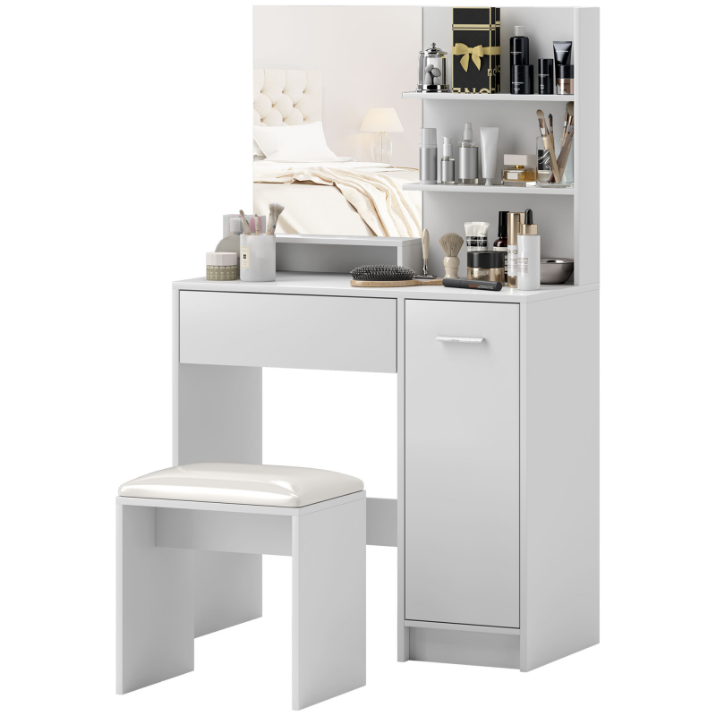 HOMCOM Frisiertisch-Set Schminktisch mit Spiegel und Hocker, Schublade, Aufbewahrungsschrank und verstellbarem Regal für Schlafzimmer, 80l x 40T x 132H cm, weiß Aosom – Bild 1 von 2