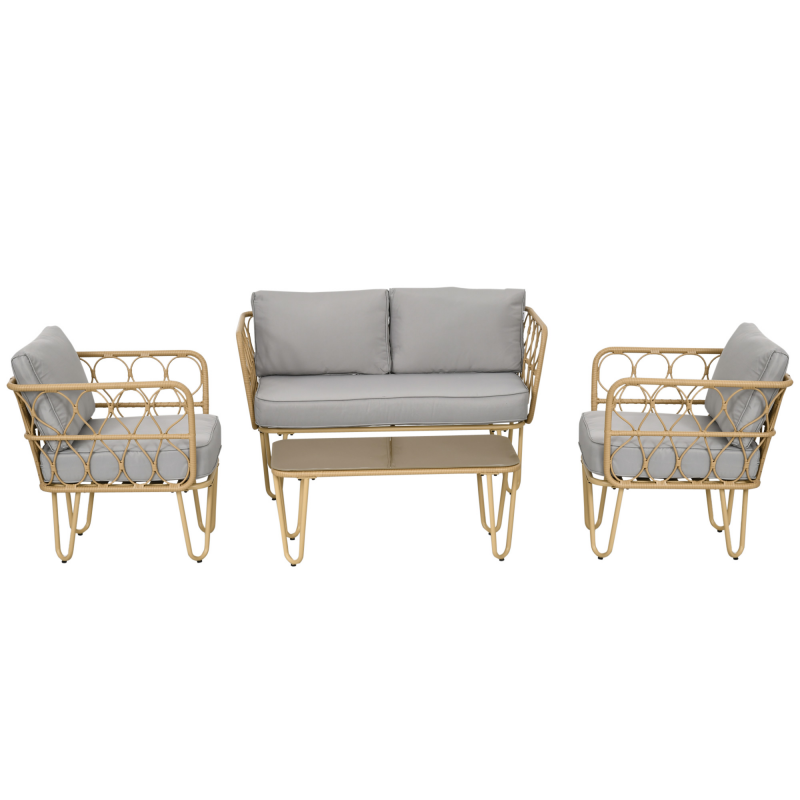 Outsunny Gartenmöbel-Set 4-teilig 2-Sitzer-Sofa + 2 Sessel + 1 Couchtisch mit gehärteter Glasplatte 7 Kissen - Metall und Polyrattan - Beige Aosom – Bild 1 von 2
