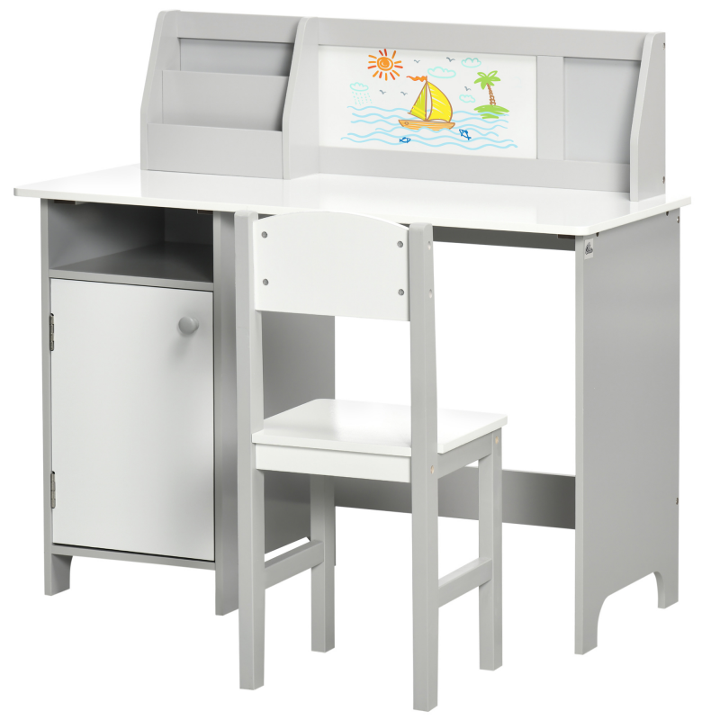 HOMCOM Kinder-Schreibtisch-Set mit Whiteboard - Schreibtisch für Kinder +5 Jahre 90L x 45B x 85H cm Grau Aosom – Bild 1 von 2