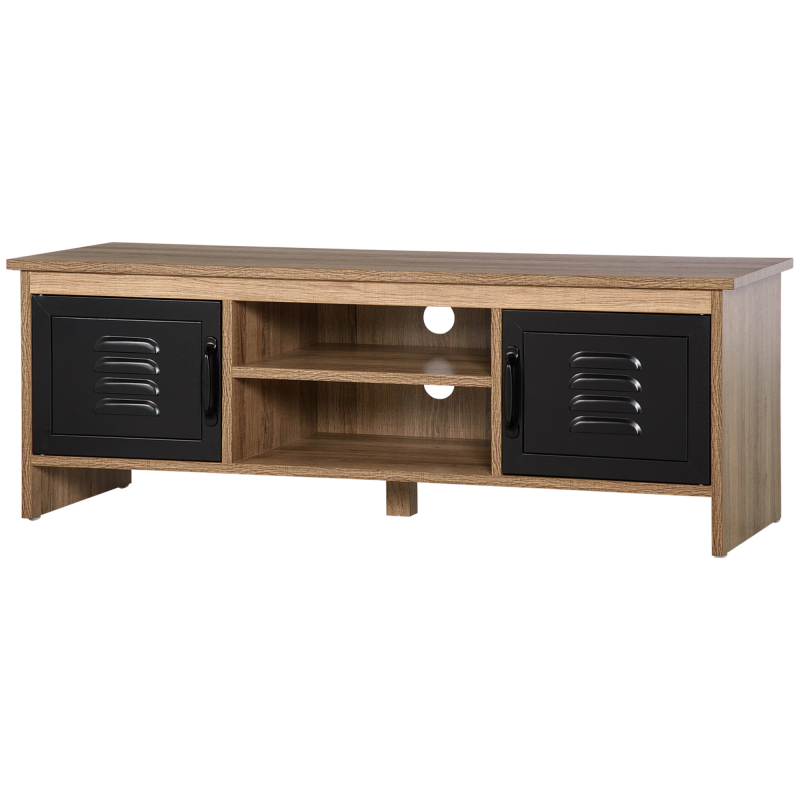HOMCOM TV-Möbel TV-Bank 110 cm Industriedesign mit 2 Schränken, 2 Fächern, 2 Kabeldurchführungen, Holzmaserung Optik Schwarze Metalltüren Aosom – Bild 1 von 2