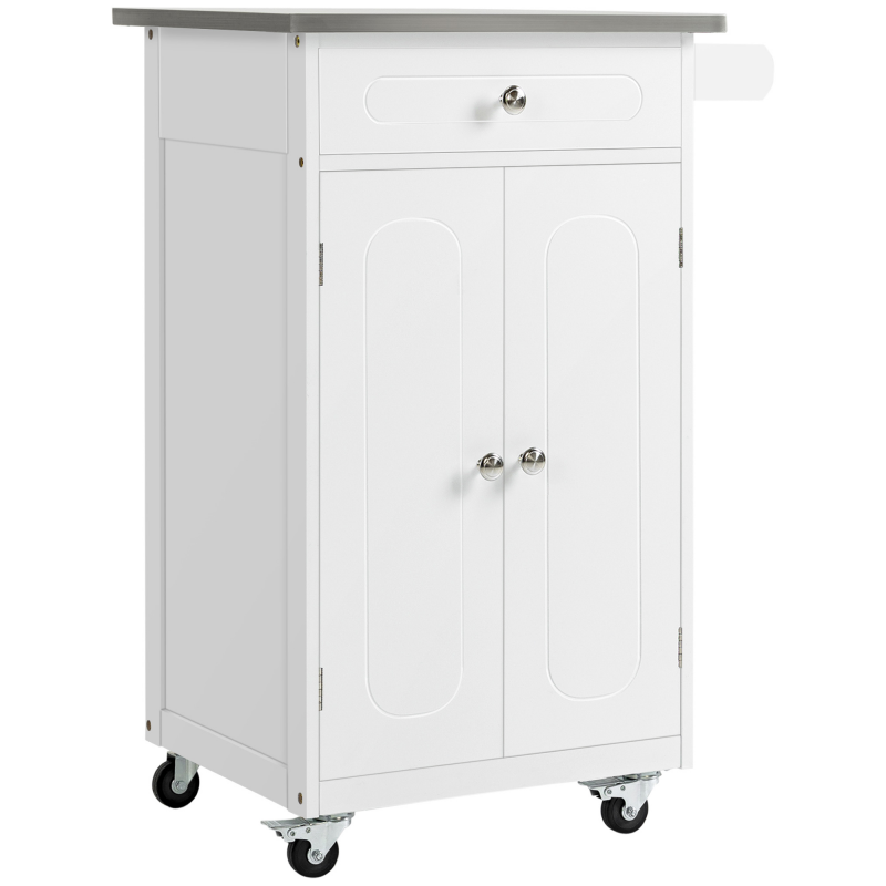 HOMCOM Küchenservice-Wagen mit Rollen, Mehrzweck-Storage, 1 Schublade, Doppelschrank mit 2 Türen und Regal, Handtuchhalter aus MDF in Weiß und Edelstahl Aosom – Bild 1 von 2