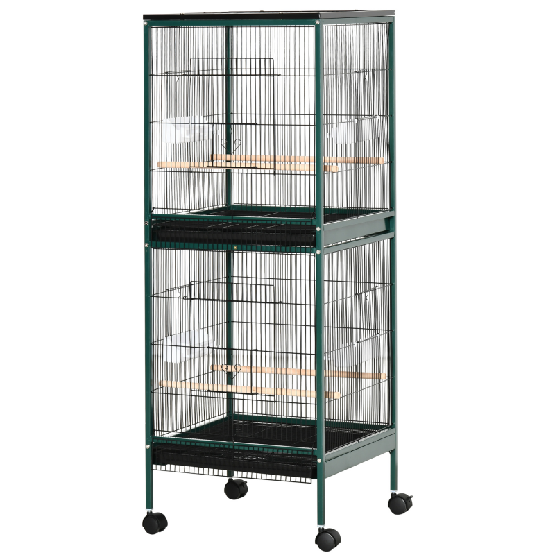PawHut Großer Vogelkafig auf Standfuß - Doppelvoliere mit Futternäpfen Holzsitzstangen herausziehbares Tablett - Rollen - 51,5 x 50 x 140 cm grün schwarz Aosom – Bild 1 von 2