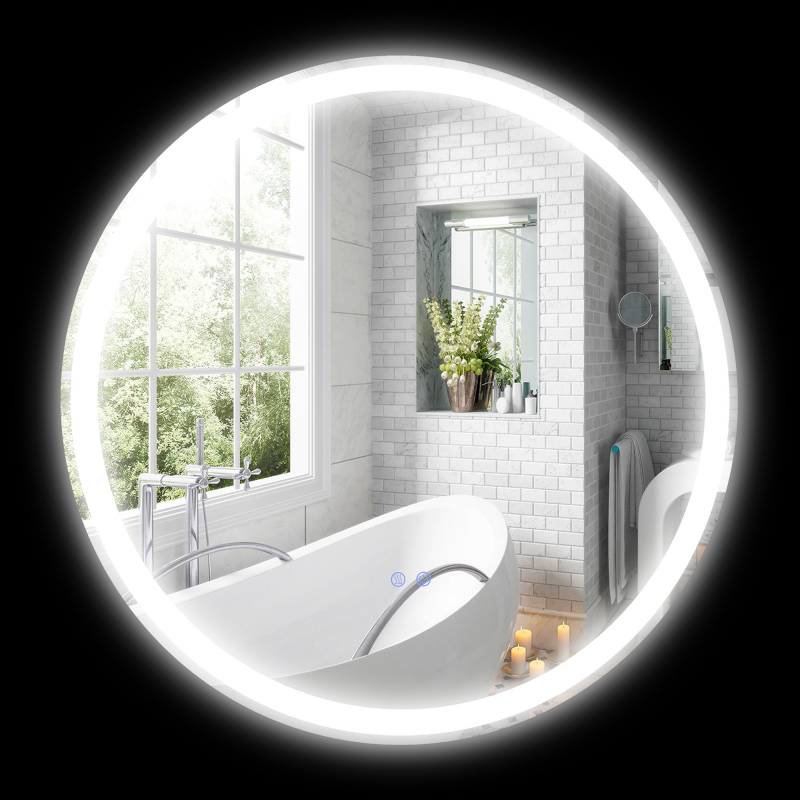 Kleankin LED Badezimmerspiegel mit Beleuchtung Ø 70 cm runder beleuchteter Spiegel 3 Farben Touch-Schalter Anti-Beschlag-System 23W Weiß Silber Aosom – Bild 1 von 2