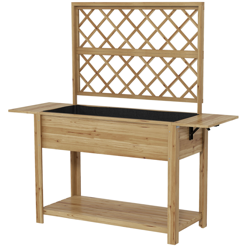Outsunny Rechteckige Pflanzkiste auf Beinen - erhöhtes Gemüsebeet mit Rankgitter - 2 klappbare Seitentabletts und 1 untere Ablage - Holz Maße: 140L x 45B x 151H cm Aosom – Bild 1 von 2