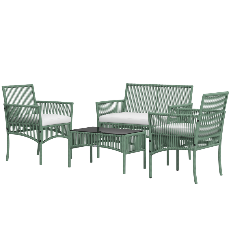 Outsunny Gartenmöbel-Set 4-teilig Sofa 2-Sitzer + 2 Sessel + 1 Couchtisch gehärtete Glasplatte schwarz 3 Sitzkissen - Metall und PE-Rattan - Grün Aosom – Bild 1 von 2
