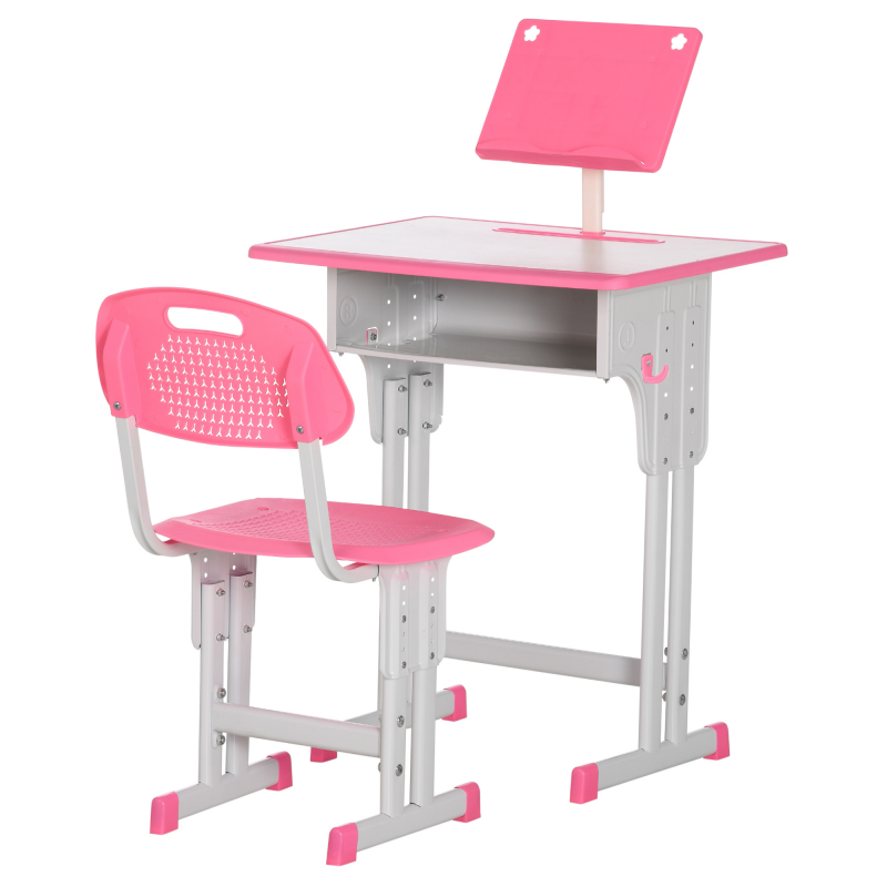 HOMCOM Kinder Schreibtisch und Stuhl mit Leseständer, Fach, Haken und Stifthalter - höhenverstellbar - 60 x 45 x 90-102 cm - rosa Aosom – Bild 1 von 2