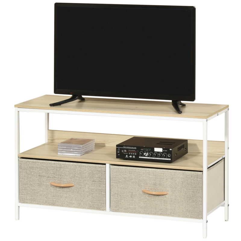 HOMCOM TV-Möbel niedrig auf Beinen TV-Ständer für Fernseher bis 47 Zoll im Industriestil 2 Schubladen aus Grauem Stoff Naturholz und weißem Metall Aosom – Bild 1 von 2