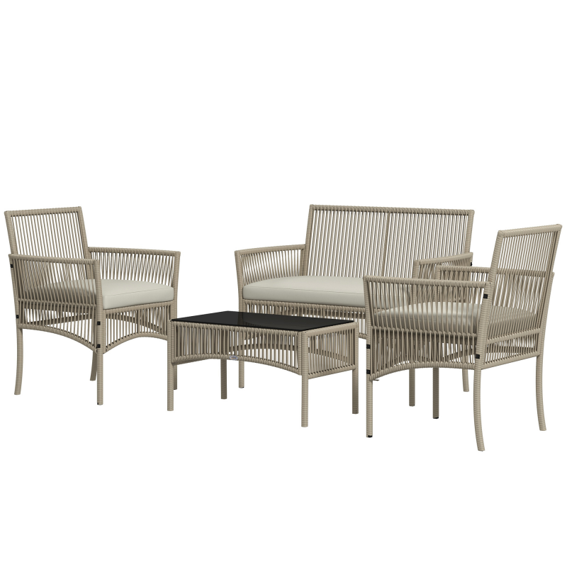 Outsunny Gartenmöbel-Set 4-teilig 2-Sitzer-Sofa + 2 Sessel + 1 Couchtisch mit schwarzer gehärteter Glasplatte 3 Sitzkissen - Metall und PE-Rattan - Khaki Aosom – Bild 1 von 2
