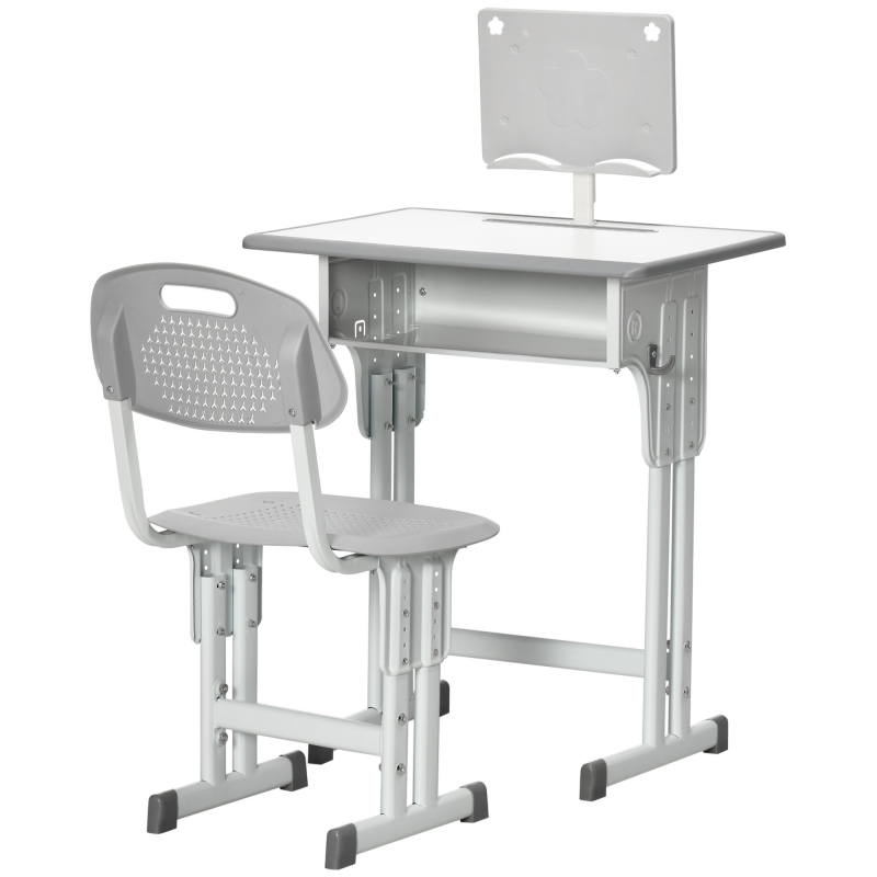 HOMCOM Schreibtisch und Stuhl für Kinder mit Leseständer, Fach, Haken und Stifthalter - verstellbare Höhe - 60 x 45 x 90-102 cm - grau Aosom – Bild 1 von 2