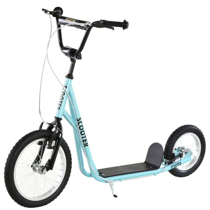 HOMCOM Trottinette Scooter Große Gummireifen Ø 40 und 30 cm Höhenverstellbarer Lenker Vorder- und Hinterradbremse Ständer Stahl Himmelblau Schwarz Aosom – Bild 1 von 2