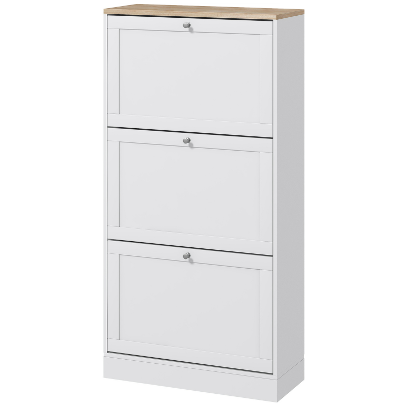 HOMCOM Schuhschrank Schuhregal im skandinavischen Stil 3 Klappentüren 18 Paar Schuhe 60 x 23,5 x 115 cm Weiß Holzoptik Aosom – Bild 1 von 2