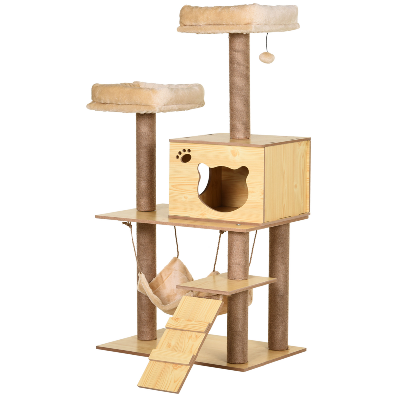 PawHut Zeitgemäßer Katzenbaum mit Kratzbrettern, Kratzbäumen, Natur-Sisal, Höhle, Plattformen, Hängematte, Spielball, Spanplatten in Beige Aosom – Bild 1 von 2