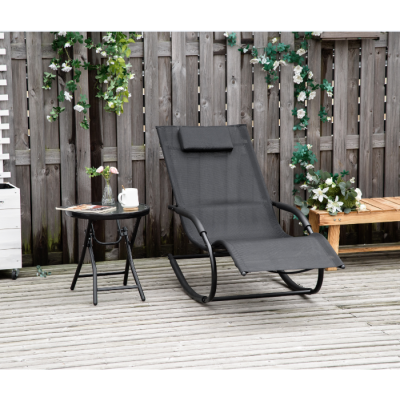 Outsunny Schaukelliegestuhl Ergonomischer Rocking Chair mit Kopfstütze und galvanisiertem Metallrahmen Textilene 63l x 160B x 88H cm Schwarz Aosom – Bild 1 von 2