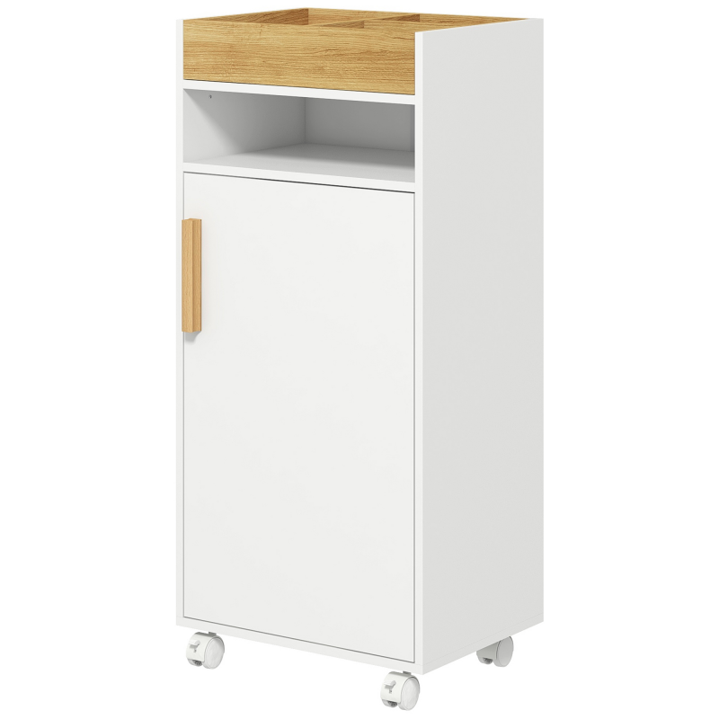 kleankin Badezimmerschrank auf Rollen mit 2 verstellbaren Regalen, abnehmbarer Platte, Nische und Schrank mit 1 Tür 40 x 30 x 88 cm weiß natur Aosom – Bild 1 von 2