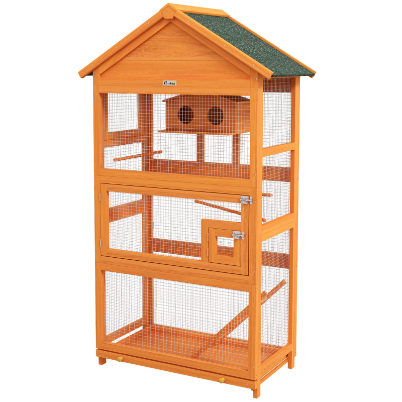 PawHut Vogelkäfig aus Holz, Papageienkäfig, Spielbereich, Vogelvoliere im Freien, wasserdichtes Asphaltdach, für Wellensittich, Nymphensittich, Ziegensittich, Kanarienvögel, 92 x 52 x 171 cm, Orange Aosom – Bild 1 von 2
