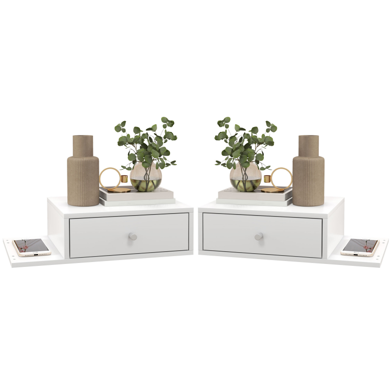 HOMCOM Set von 2 Wand-Nachttischen - Set von 2 Nachttischen - Seitenregal und Schublade - 55B x 30T x 15H cm - Weißes Holz Aosom – Bild 1 von 2