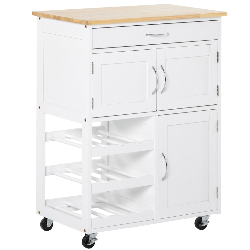 HOMCOM Kücheninsel mit viel Stauraum, 2 Schränken, Schublade, 9-Flaschen-Fach, MDF Weiß, Gummibaumholzplatte Aosom – Bild 1 von 2