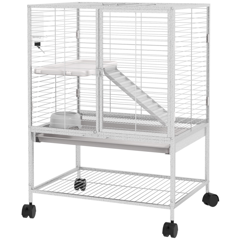PawHut Käfig für kleine Tiere auf Rollen 2 Ebenen mit 2 Türen, 1 Rampe, 1 Ablage, Schüssel, Flasche - 61,5 x 44,5 x 86 cm, grau Aosom – Bild 1 von 2