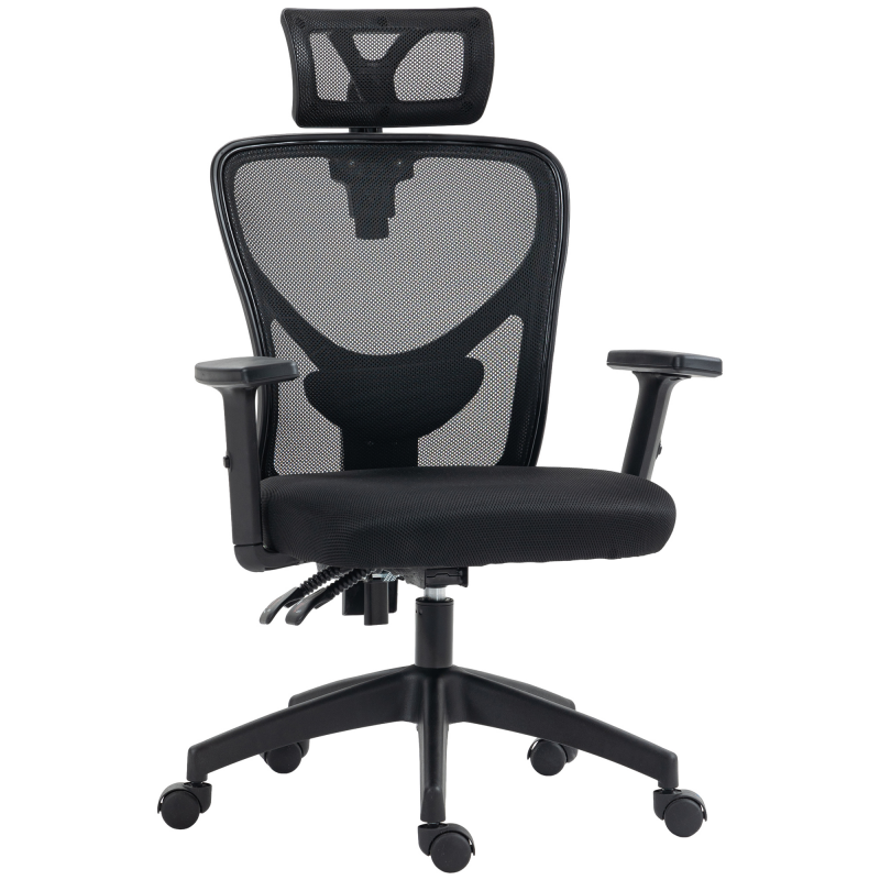 Vinsetto Bürostuhl, Bürostuhl, verstellbare Kopfstütze und Armlehnen, neigbare ergonomische Rückenlehne, höhenverstellbarer Sitz, drehbar, atmungsaktives Mesh-Gewebe, Schwarz Aosom – Bild 1 von 2