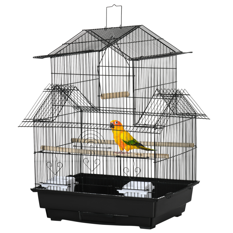 PawHut Voliere Haus für Vögel futter- und sitzstangen 3 türen kottablett + transportgriff 50,5 x 41 x 63 cm schwarz Aosom – Bild 1 von 2