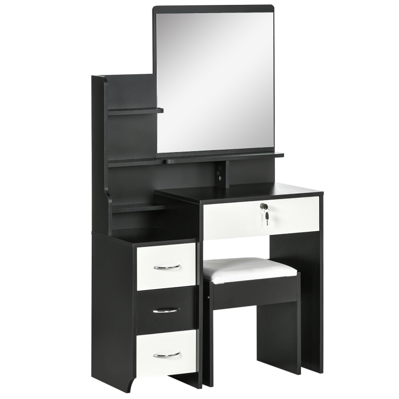HOMCOM Schminktischset mit Schminktisch und gepolstertem Hocker großem Spiegel + mehreren offenen Regalen + 4 Schubladen Schwarz Weiß Aosom – Bild 1 von 2
