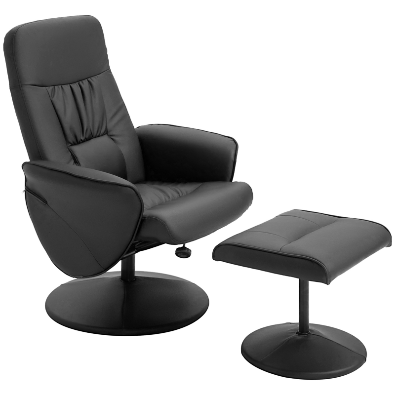 HOMCOM Relaxsessel mit Fußhocker Relaxsessel Schwenkersessel 360° drehbar und verstellbarem Rückenlehne TV-Sessel für bis zu 120 kg Kunstleder Metall Schwarz Aosom – Bild 1 von 2