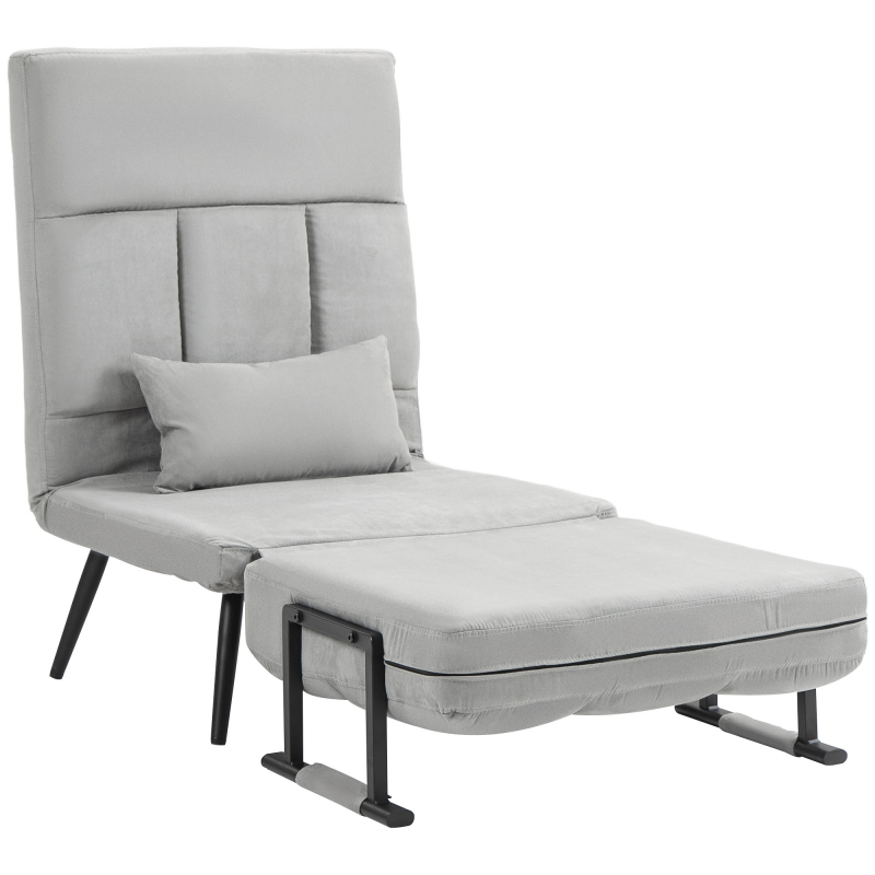 HOMCOM Schlafsessel 1-Sitzer, Schlafsofa mit 5-fach verstellbarer Rückenlehne, Armlehnen und Kissen, Samt-Effekt, Grau Aosom – Bild 1 von 2